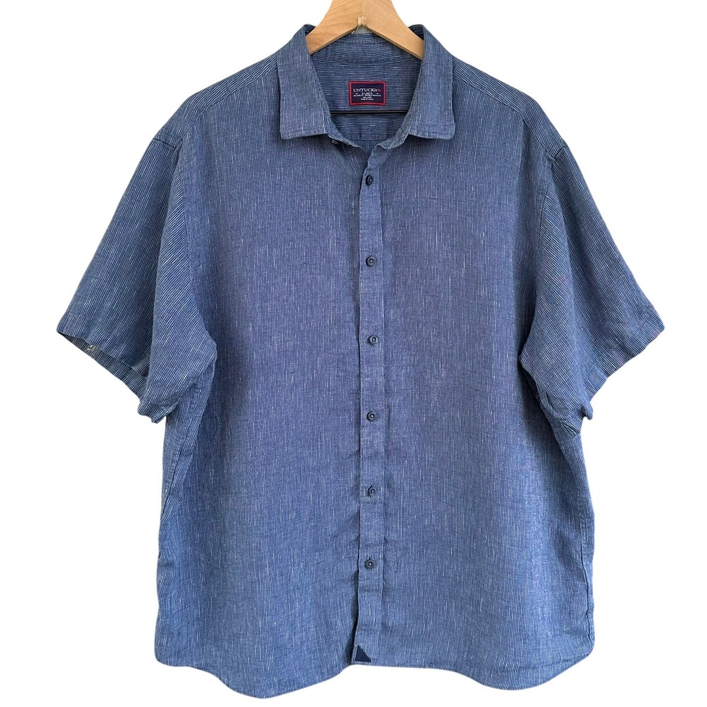 UNTUCKit Canon Blue 100% Linen Stripe Short Sleeve Shirt Mens XL Coastal